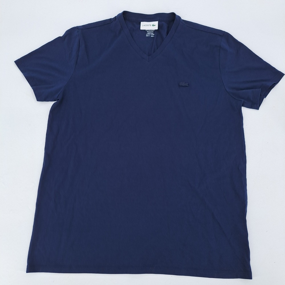 Lacoste Pima Cotton V-Neck T-Shirt Mens Large Navy Blue Solid Tonal Logo